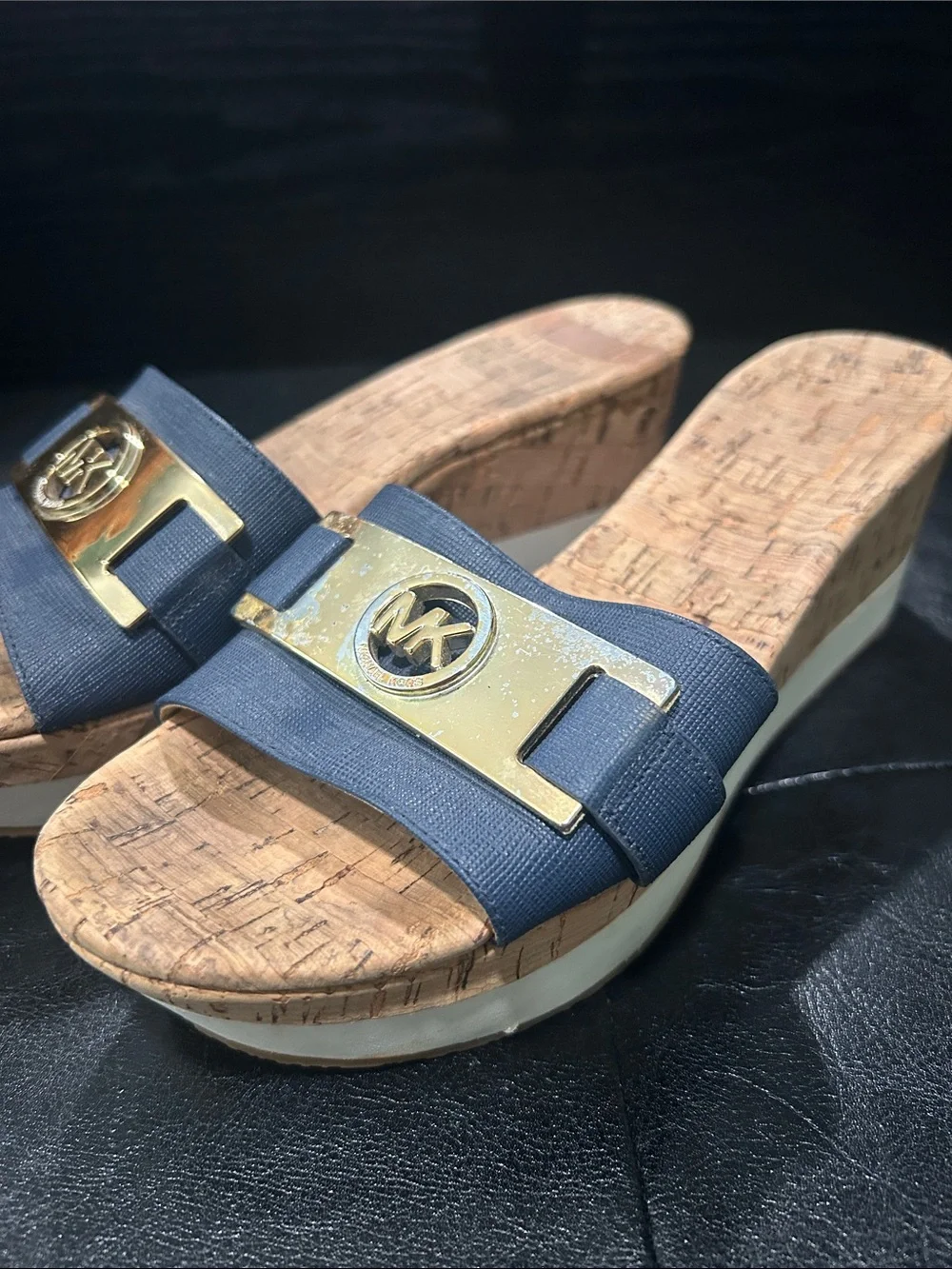 Michael Kors Navy Fabric & Cork Wedge Slides with Gold Hardware